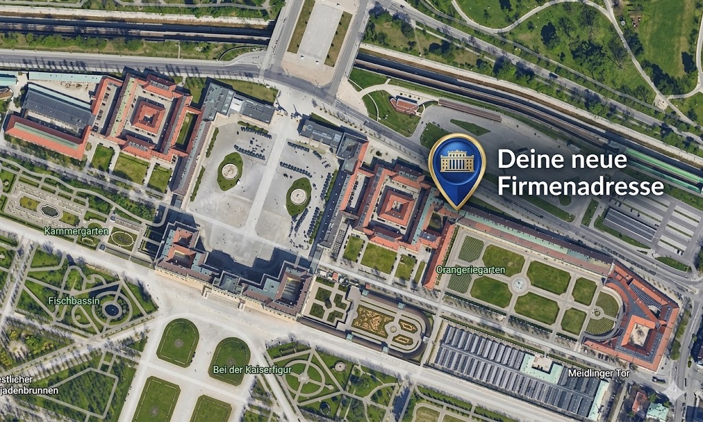 Luftaufnahme Schloss Schönbrunn mit markierter Firmenadresse
